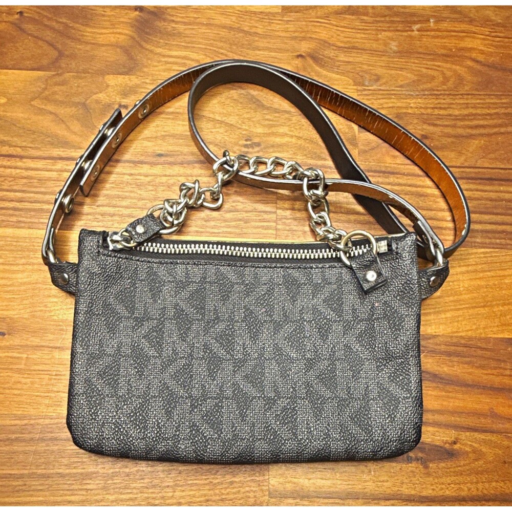 Michael Kors Gray Logo Small Crossbody Bag Zip Top Chain Detachable Strap Fanny